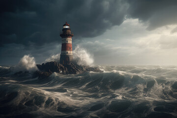 Sea landscape with stormy waves and lighthouse. Navigation for ships at sea. Created with Generative AI