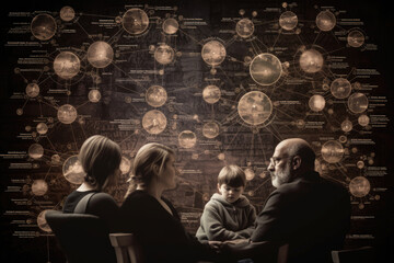 Different generations of family stand together against dark abstract background. Genealogical history of generations, preservation of the memory of relatives. Created with Generative AI