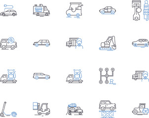 Car and logistic outline icons collection. Car, Logistic, Vehicle, Delivery, Transport, Shipment, Fleet vector and illustration concept set. Automobile, Logistics, Relocation linear signs