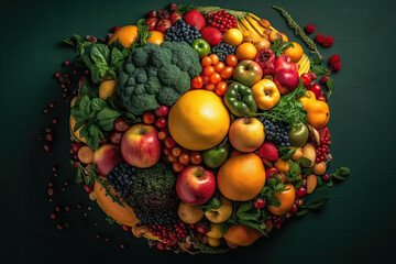 Naklejka na ściany i meble fruits and vegetables arranged in a circle on a dark green background with red berries, oranges, lemons, apples, bro. Generative AI