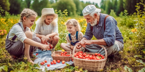 Erdbeeren Pflücken mit der Familie Erdbeerfeld Illustration Digital Art Generative AI Hintergrund Background