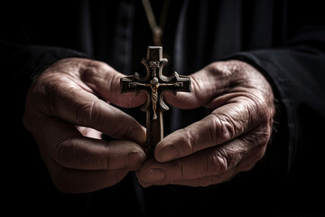 Church priest holds religious cross in hands, close up. Prayer in church. Concept of faith in God. Created with Generative AI
