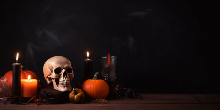Halloween- Hintergrund mit menschlichem Sch&auml;del, K&uuml;rbissen, Kessel, Kerzenleuchtern und Hexenhut auf Holztisch mit Platz f&uuml;r Text mit KI erstellt 