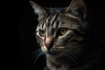 Gray cat portrait on dark background. Cute pet. Created with Generative AI