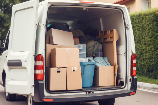 Open cargo van with cardboard boxes, moving into new house. Mover company service. Created with Generative AI