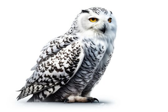 Image of a single Bubo scandiacus snowy owl superimposed on a blank white background. Generative AI