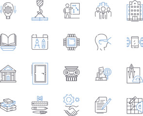 Engineering and design outline icons collection. Engineering, Design, Technical, CAD, Innovate, Create, Develop vector and illustration concept set. Construct, Plan, Manufacture linear signs