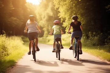 Foto auf Acrylglas family from the back riding bicycles, utilizing eco-friendly transportation and promoting sustainable mobility options to reduce carbon emissions - Generative AI © Hanjin