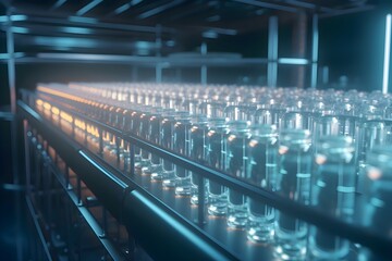 Obraz premium Pharmaceutical manufacture background with glass bottles on production line. COVID-19 mRNA vaccine production platform.