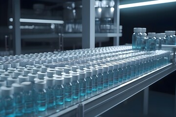 Pharmaceutical manufacture background with glass bottles on production line. COVID-19 mRNA vaccine production platform.