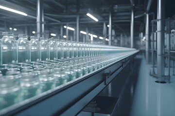 Pharmaceutical manufacture background with glass bottles on production line. COVID-19 mRNA vaccine production platform.