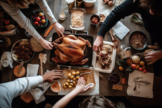 people at a thanksgiving dinner table with turkey, apples, and other food items on the table is surrounded by their hands. Generative AI