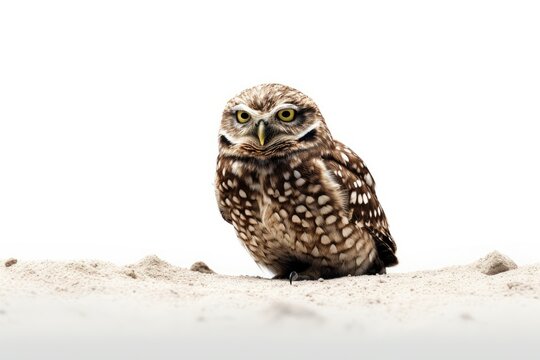 Burrowing An owl alone on a white backdrop. Its scientific name is Athene cunicularia. Generative AI