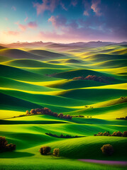 Naklejka na ściany i meble Green field landscape. AI generated illustration
