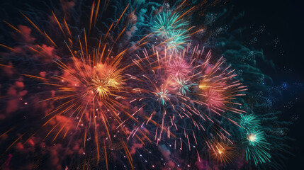 Fototapeta na wymiar Celebration multicolored fireworks, copy space. 4 of July, 4th of July, Independence Day beautiful fireworks. Canada Day holidays salute. New Year celebration colorful fireworks.