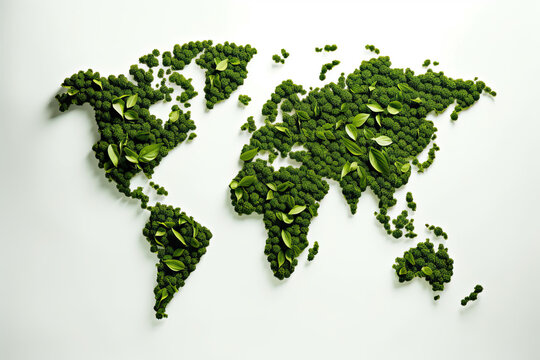 the world map made out of peas and pea leaves, as seen from above on a white background stock photo. Generative AI