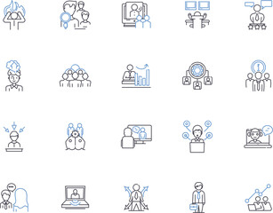 Broker outline icons collection. Broker, Negotiator, Facilitator, Intermediary, Mediator, Arbitrator, Counselor vector and illustration concept set. Agent, Trader, Facilitator linear signs
