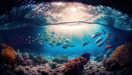 Fototapeta na wymiar underwater coral reef seascape background with small coloful fish and transparent water