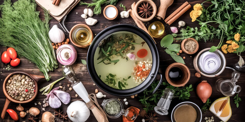 A cooking pot and various organic ingredients were topped with a visually appealing presentation - generative ai