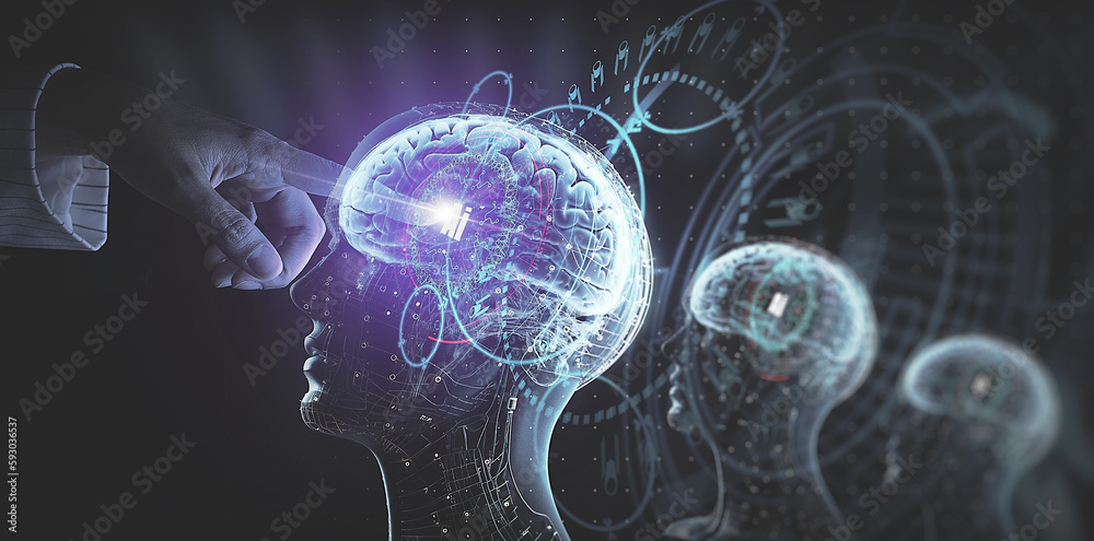 Leinwandbilder ai network of brain on business analysis,hand touching brain of ai, symbolic, machine learning, arti