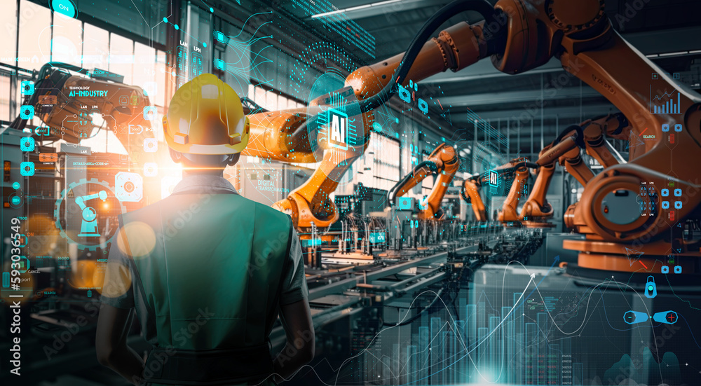 Poster Factory Female Industrial Engineer working with Ai automation robot arms machine in intelligent factory industrial on real time monitoring system software.Digital future manufacture.
