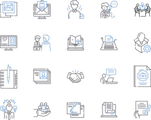Remote team outline icons collection. Remote, Team, Digital, Workforce, Networked, Contractors, Connected vector and illustration concept set. Offsite, Telecommuting, Distributed linear signs