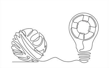 Chaos and light bulb with lifebuoy inside one line concept vector illustration. Metaphor of disorganized difficult problem, mess with black single continuous tangle thread in need of unraveling 