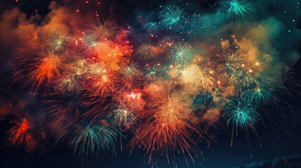 Fototapeta premium Celebration multicolored fireworks, copy space. 4 of July, 4th of July, Independence Day beautiful fireworks. Canada Day holidays salute. New Year celebration colorful fireworks.