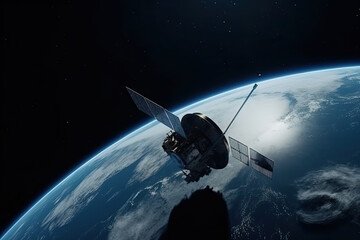 Satellite Orbiting Earth on Black Background. Generative AI