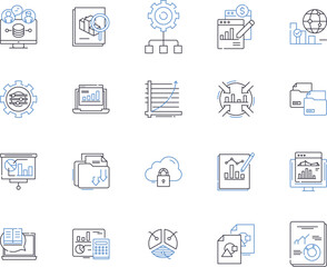 Data and computer outline icons collection. Data, Computer, Analysis, Science, Networking, Technology, Storage vector and illustration concept set. Processing, Programming, Security linear signs