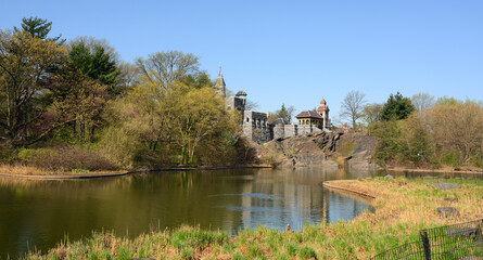Fototapeta na wymiar Spring in Central Park. Landscape with Turtle Pond and Belvedere Castle (1867-1869). New York City