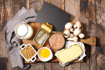 selection of good vitamin D sources and blackboard- healthy eating concept