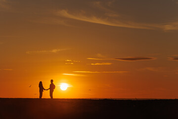 Fototapeta na wymiar silhouette of couple at sunset, woman and man holding hands walking along seashore in rays of sunset sunlight. walk and hug. place for text, romantic relationships, freedom and carelessness