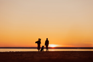 Fototapeta na wymiar silhouette of people at sunset with dog, two women walking with pet Labrador retriever on the seashore. rest and freedom, view of nature and sunset on sea. poster postcard