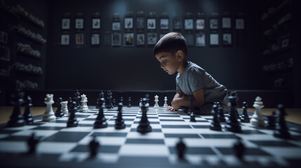 Young 5 year old boy chess prodigy inspecting a chess board as big as the floor - Generative AI - obrazy, fototapety, plakaty