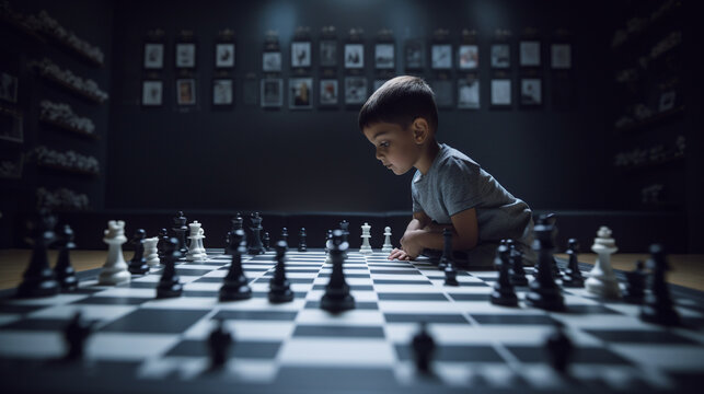 Young 5 year old boy chess prodigy inspecting a chess board as big as the floor - Generative AI
