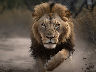 Naklejka premium Great male lion with majestic mane walking towards camera on dusty ground in africa - Generative AI