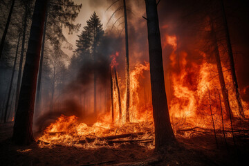 Enormeous forest fire, dark smoke clouds enveloping dying forest - Generative AI