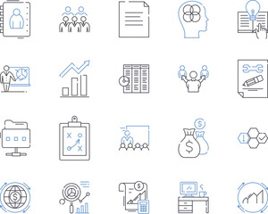 Financial strategy outline icons collection. Finance, Strategy, Investment, Budgeting, Planning, Savings, Wealth vector and illustration concept set. Risk, Profit, Credit linear signs
