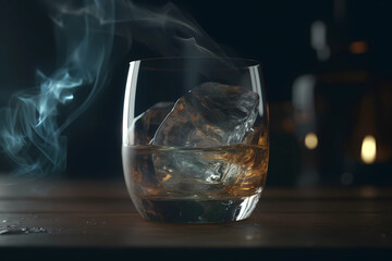 Smoke Coming Out Of A Glass Of Iceblue Whiskey On The. Created by Generative AI