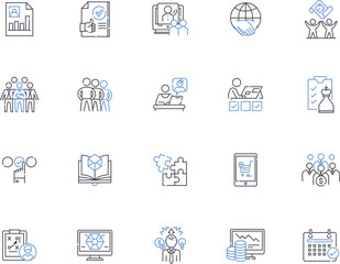 Project management outline icons collection. Planning, Scheduling, Tracking, Executing, Analysis, Organizing, Estimating vector and illustration concept set. Teamwork, Budgeting, Resourceful linear