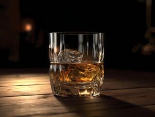 Glass Of Whiskey On The Rocks On A Wooden Table.. Created by Generative AI