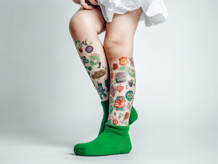 Painted legs of young 5 year old kid, painted stickers in green and yellow - Generative AI