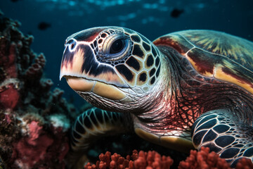 Naklejka na ściany i meble Sea turtle close up in dark coral reef of different colors in deep blue water - Generative AI
