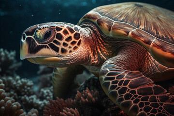 Fototapeta premium Sea turtle close up in dark coral reef of different colors in deep blue water - Generative AI