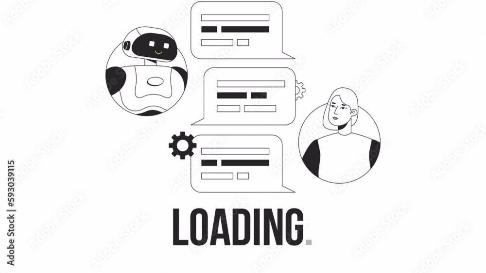 Poster talk to chatbot bw loader animation. ai chat bot and woman user. flash message 4k video footage. iso