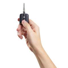 Hand holding a car key and pressing the unlock button, cut out