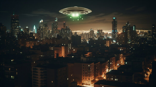 UFO alien space craft invading earth and hovering above a major city, the craft glowing brightly and menicingly - Generative AI
