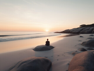 Lonely young woman sitting and meditating on the beach at sunrise, clearing her head and feeling happyness - Generative AI