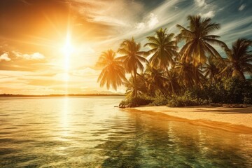Fototapeta na wymiar Tropical Paradise With Palm Trees And Sun. Generative AI